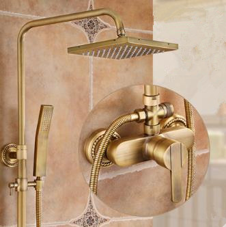 Antique Brass Mixer Square Head Rainfall Shower Tap Set TSA410 - Click Image to Close