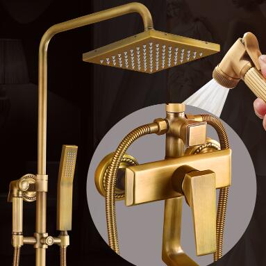 Antique Brass Mixer Square Head Rainfall Shower Tap Set with Bidet Tap TSA698 - Click Image to Close