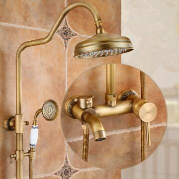 Antique Brass Carved Cover Mixer Shower Set Pressurized Rainfall Bathroom Shower Tap TSA750 - Click Image to Close