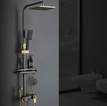 Thermostatic Square Black & Gold Brass 4 Gear Rainfall Shower Tap Set TSB998 - Click Image to Close