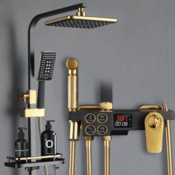 Thermostatic Square Black & Gold Brass 4 Gear Rainfall Shower Tap Set TSB998 - Click Image to Close