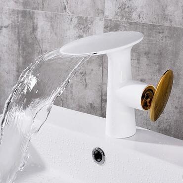 Brass Speical Golden Handle White Printed Waterfall Bathroom Mixer Sink Tap TW0309 - Click Image to Close