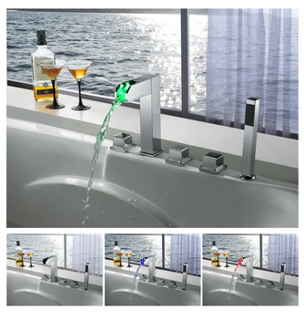 Contemporary Color Changing LED Tub Tap with Hand Shower - T8005-4 - Click Image to Close