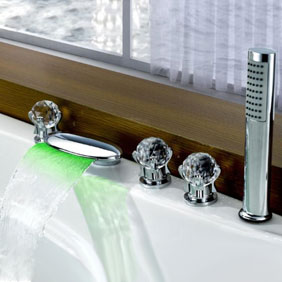 Contemporary Color Changing LED Glass Handles Tub Waterfall Tap with Hand Shower T6016 - Click Image to Close