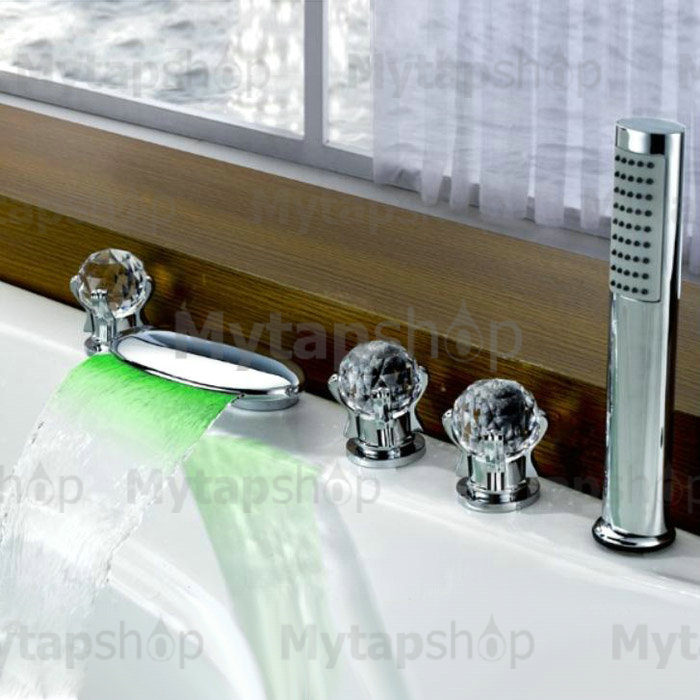 Contemporary Color Changing LED Glass Handles Tub Waterfall Tap with Hand Shower T6016