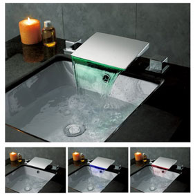 Contemporary Color Changing LED Waterfall Widespread Bathroom Sink Tap T8012F