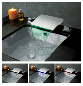 Contemporary Color Changing LED Waterfall Widespread Bathroom Sink Tap T8012F
