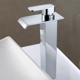 Contemporary Solid Brass Waterfall Bathroom Sink Tap (Tall) T6006H - Click Image to Close